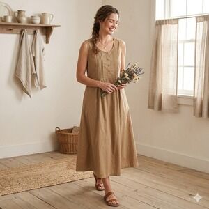 The Vermont Country Store Dress Womens S Tan Cotton Pintuck Sleeveless Cottage